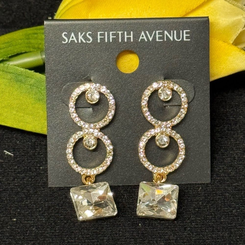 NWT Saks Fifth Avenue Gold Tone Clear Crystal Double Circle Drop Earrings 2"